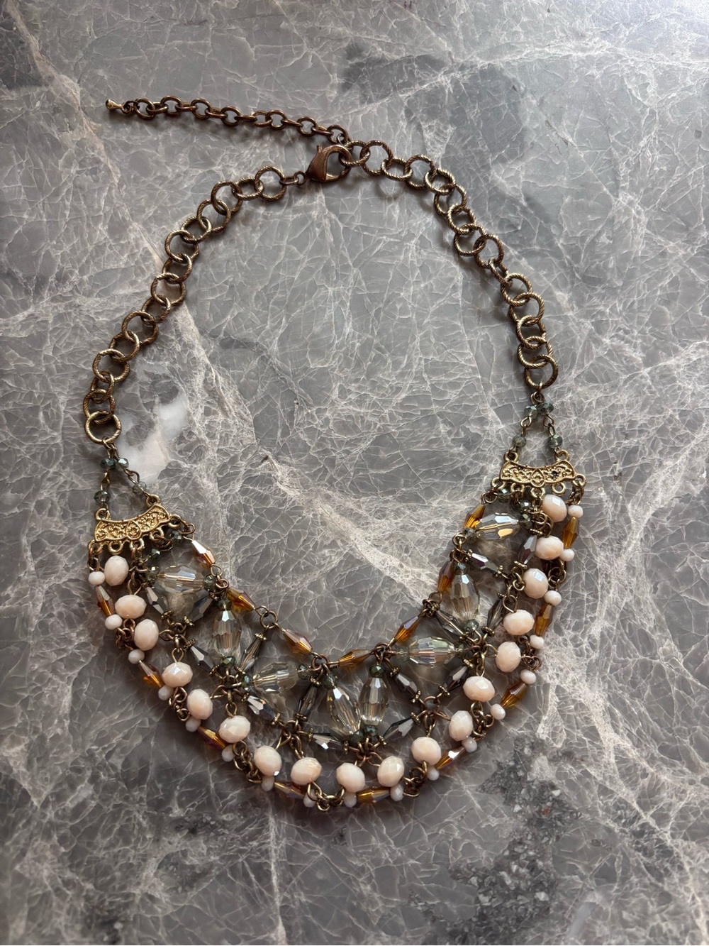 Francesca's Collections Pink Bead and Gold-Tone Crystal Bib Necklace